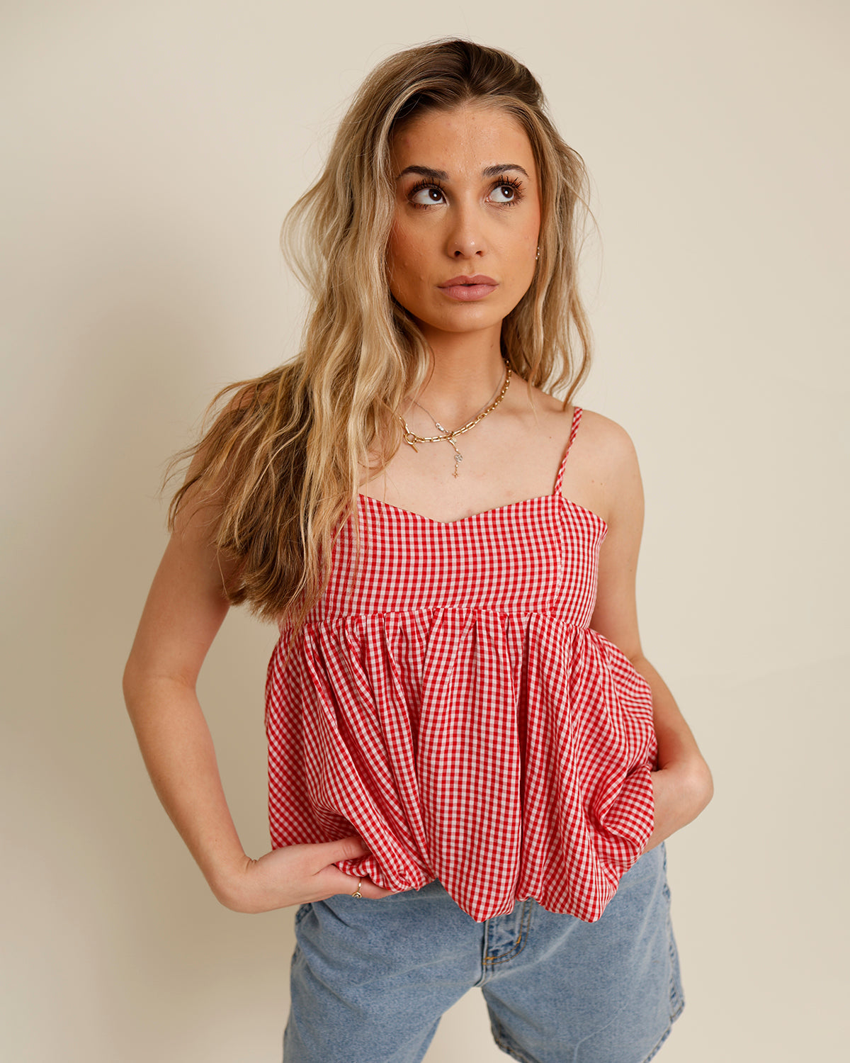 THAT'S MY JAM RED GINGHAM BUBBLE HEM TOP