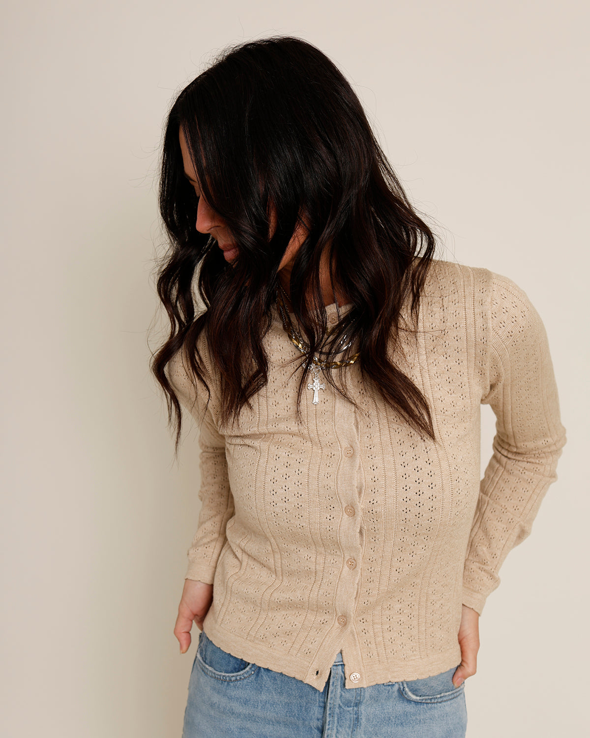 tan button front fitted cardigan