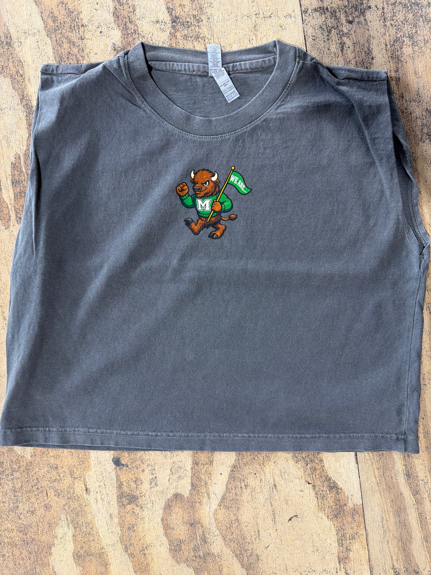 Vintage black muscle tee with Marshall University bison mascot graphic holding We Are flag