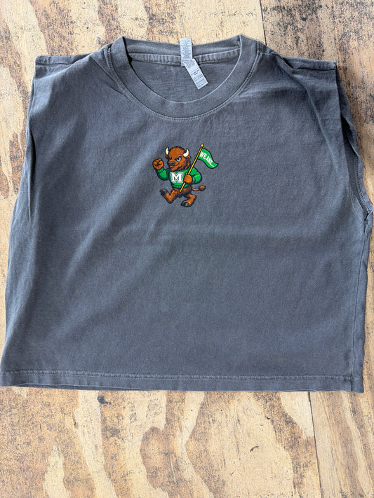Vintage black muscle tee with Marshall University bison mascot graphic holding We Are flag