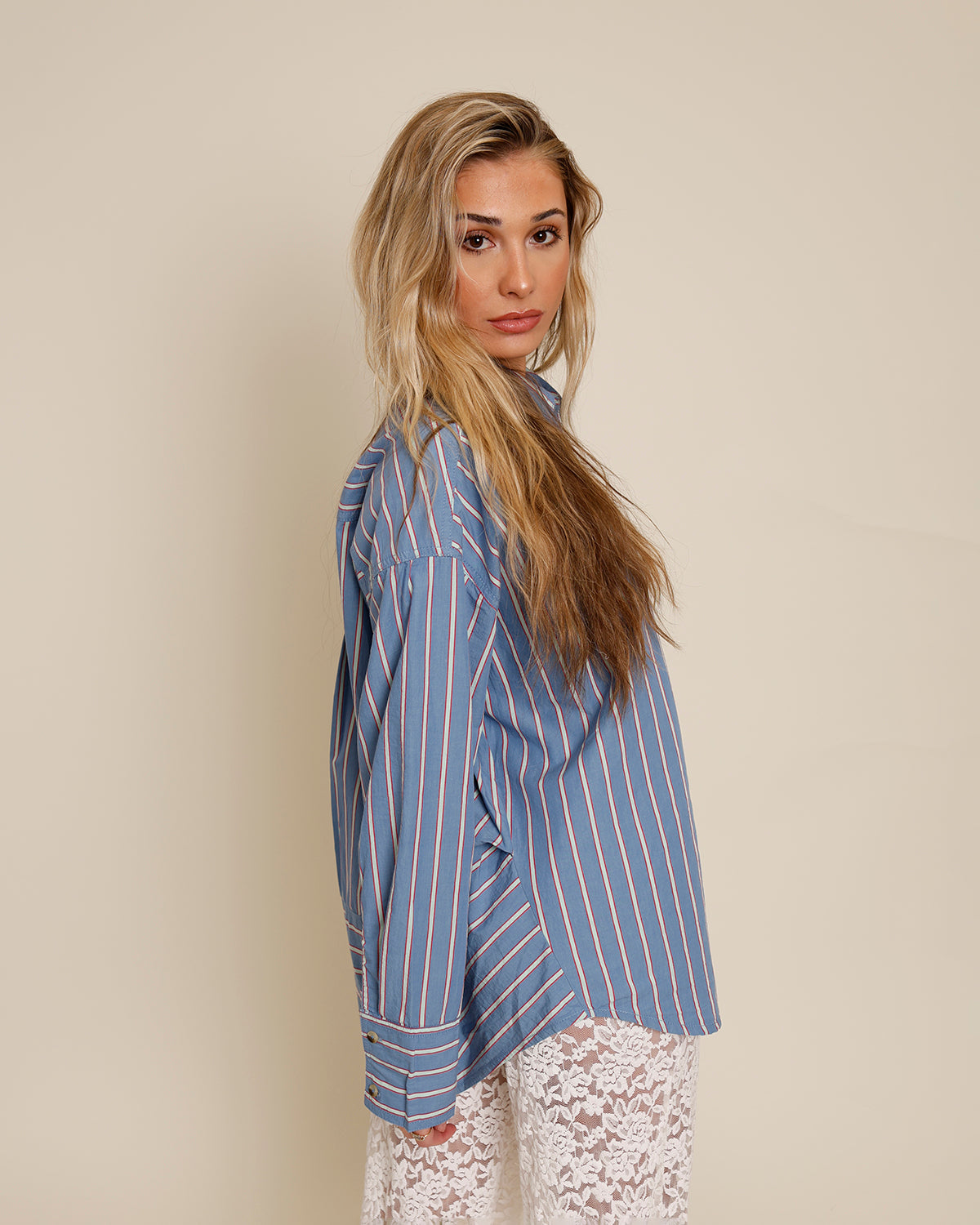 FREE PEOPLE VARSITY VIBES STRIPED BUTTON UP