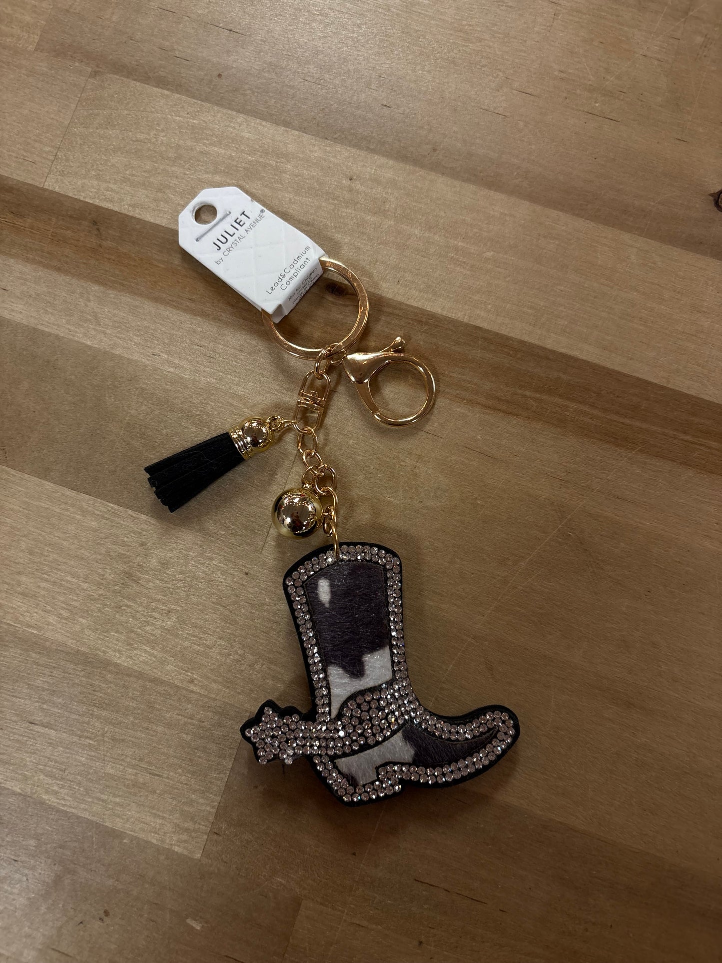 BEDAZZLED COW PRINT COWBOY BOOT BAG CHARM