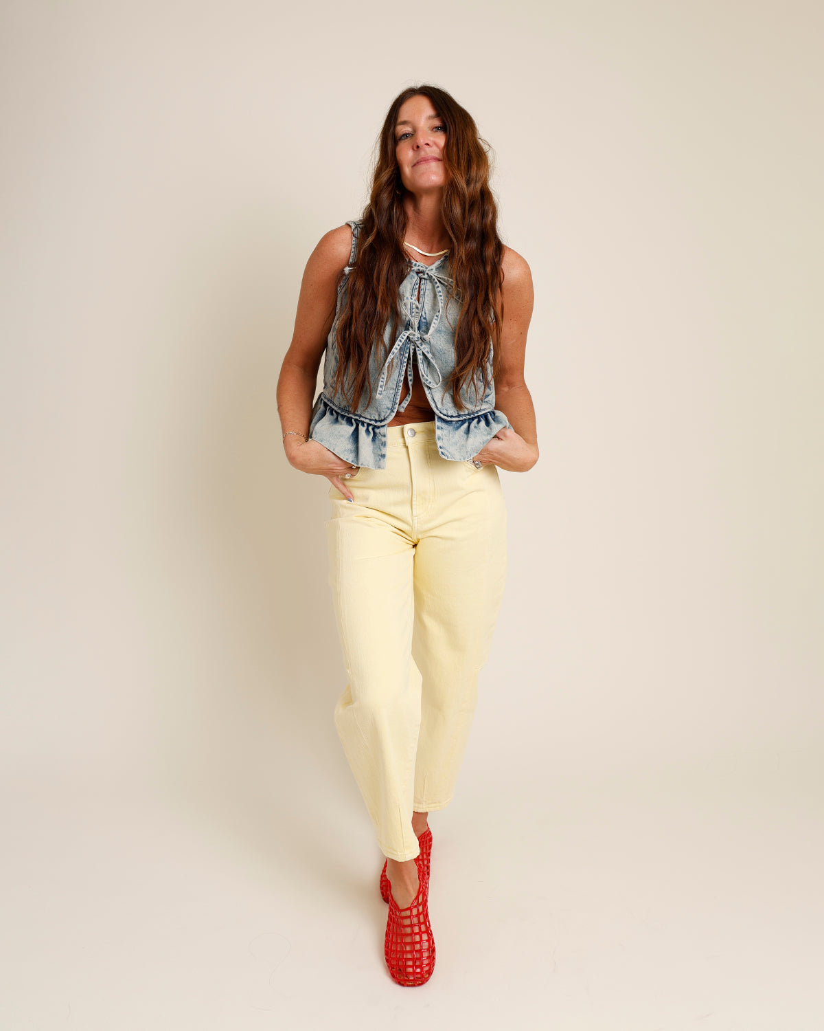 BLUE RIDGE DENIM TIE-FRONT RUFFLE HEM TANK