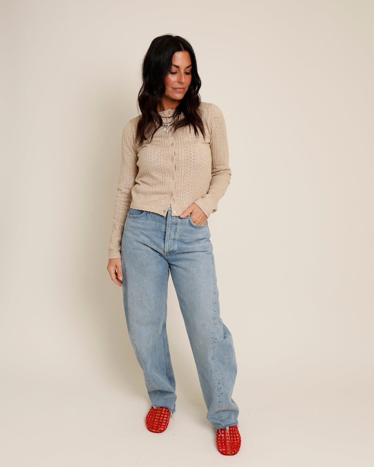 tan button front fitted cardigan