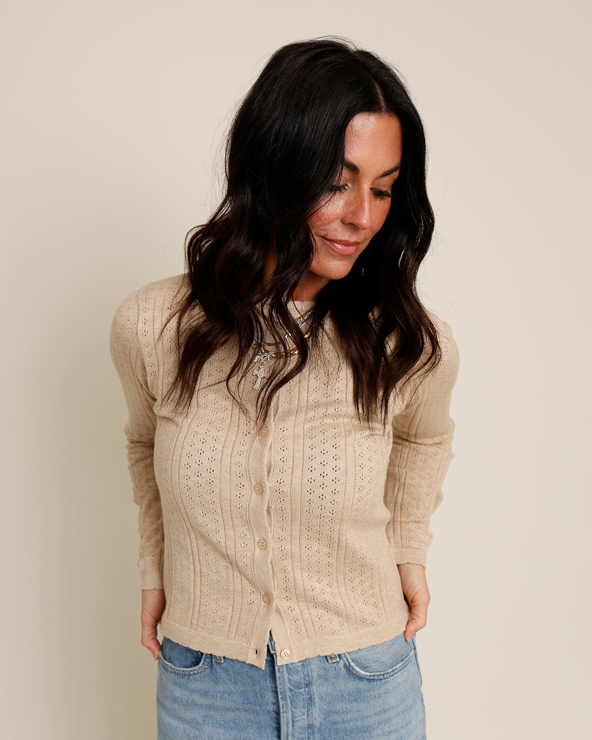 tan button front fitted cardigan