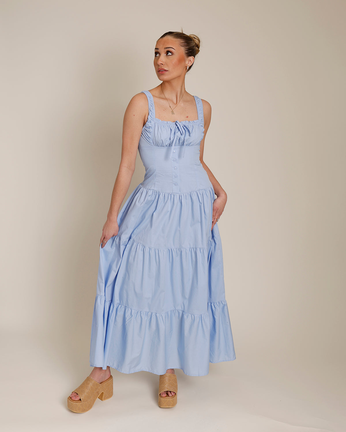 BIRDS CHIRPING MILKMAID TIERED MIDI DRESS