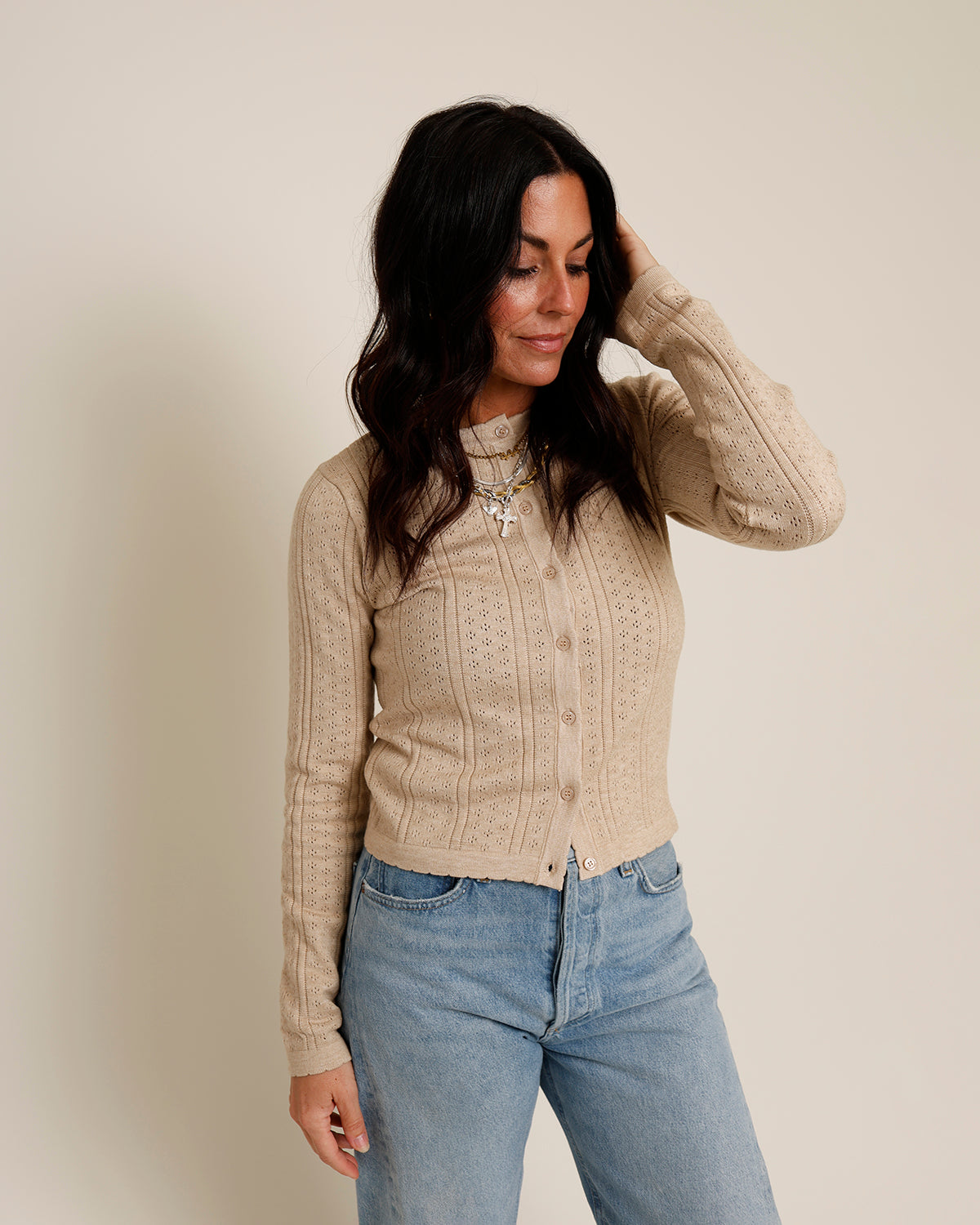 tan button front fitted cardigan