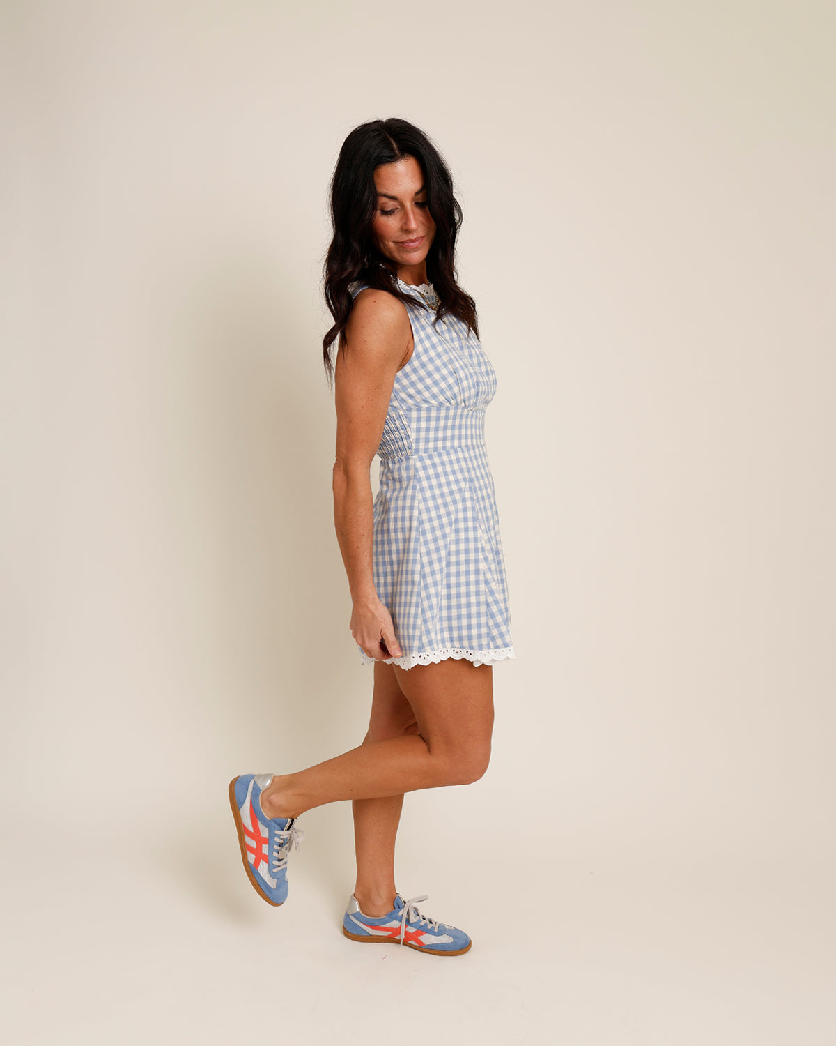 ONE AND ONLY LACE TRIM ROMPER X BLUE GINGHAM