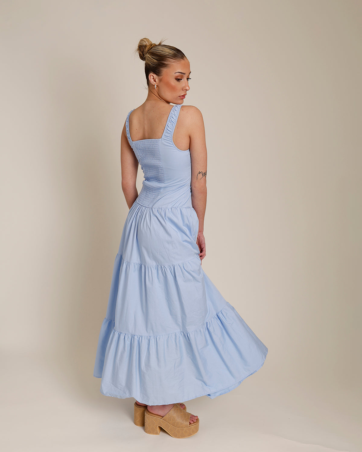 BIRDS CHIRPING MILKMAID TIERED MIDI DRESS
