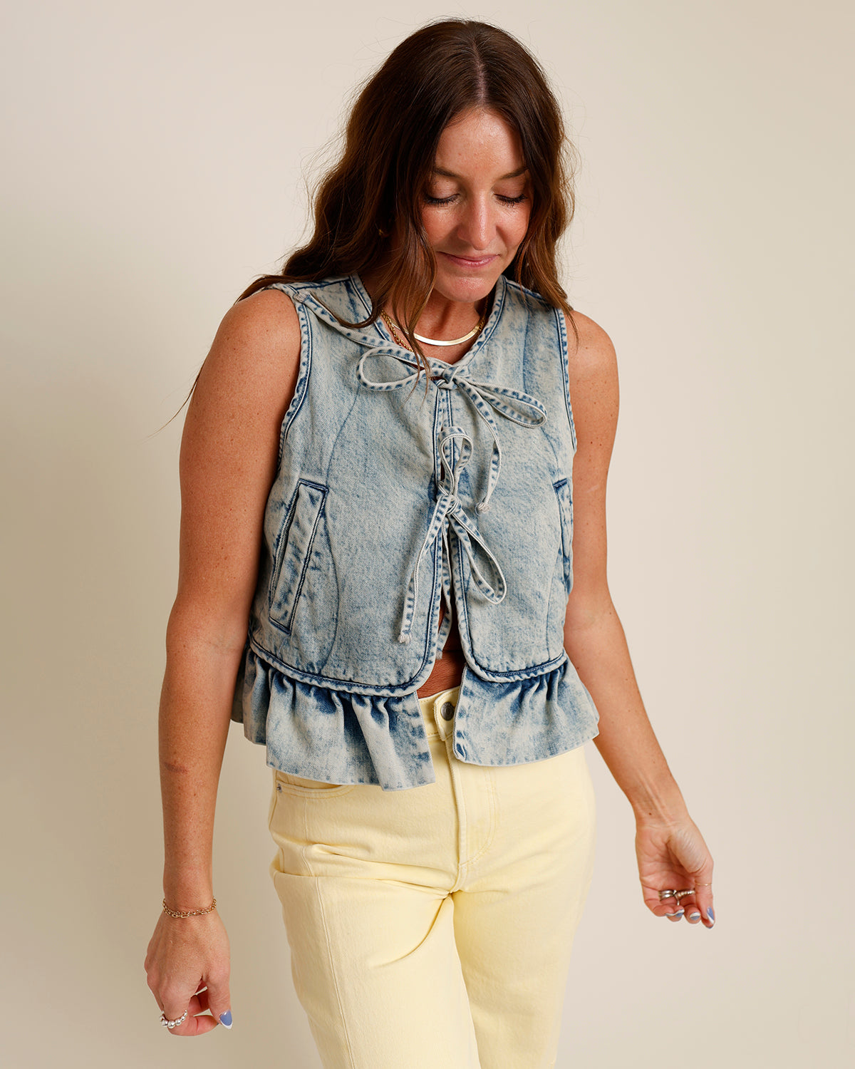 BLUE RIDGE DENIM TIE-FRONT RUFFLE HEM TANK