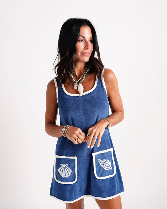 Navy blue terrycloth shell vacation mini dress