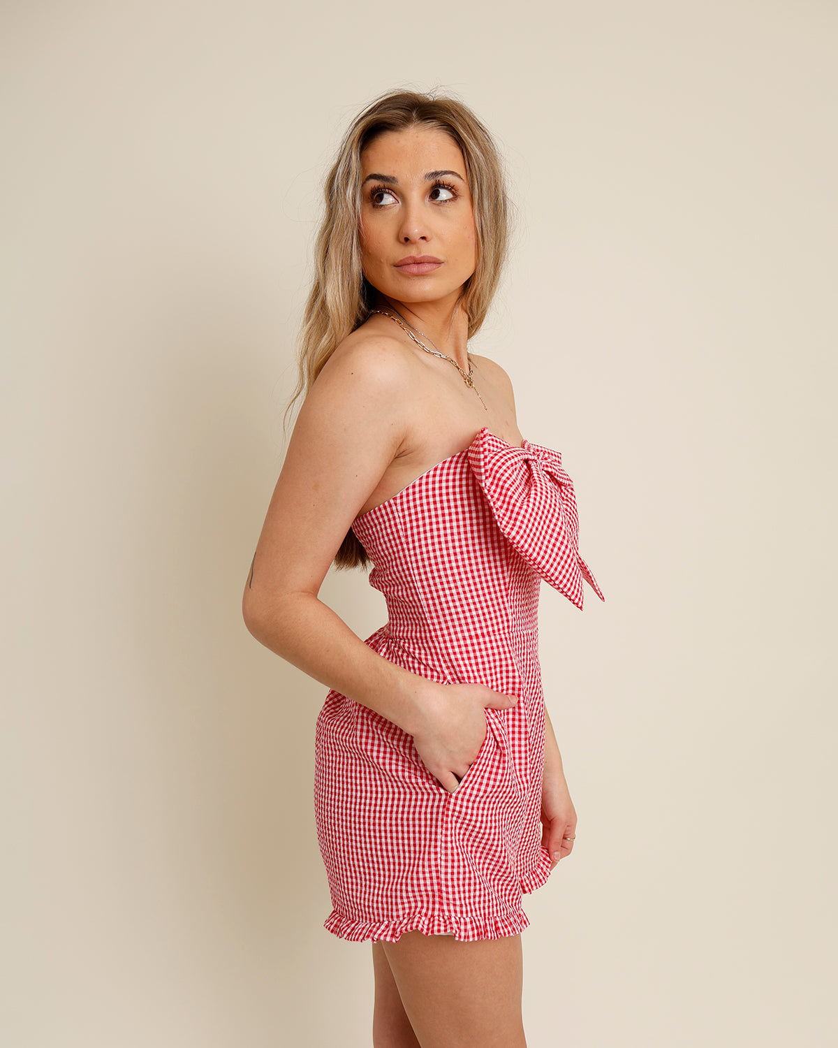 MA CHERIE STRAPLESS RED GINGHAM ROMPER