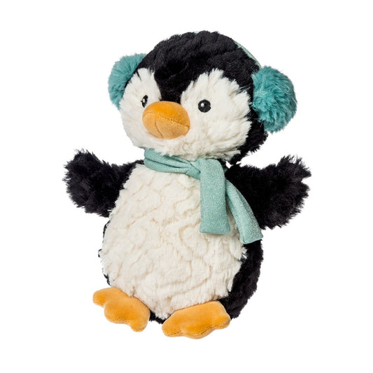 Mary Meyer putty penguin plush toy with teal earmuffs, scarf, and orange beak