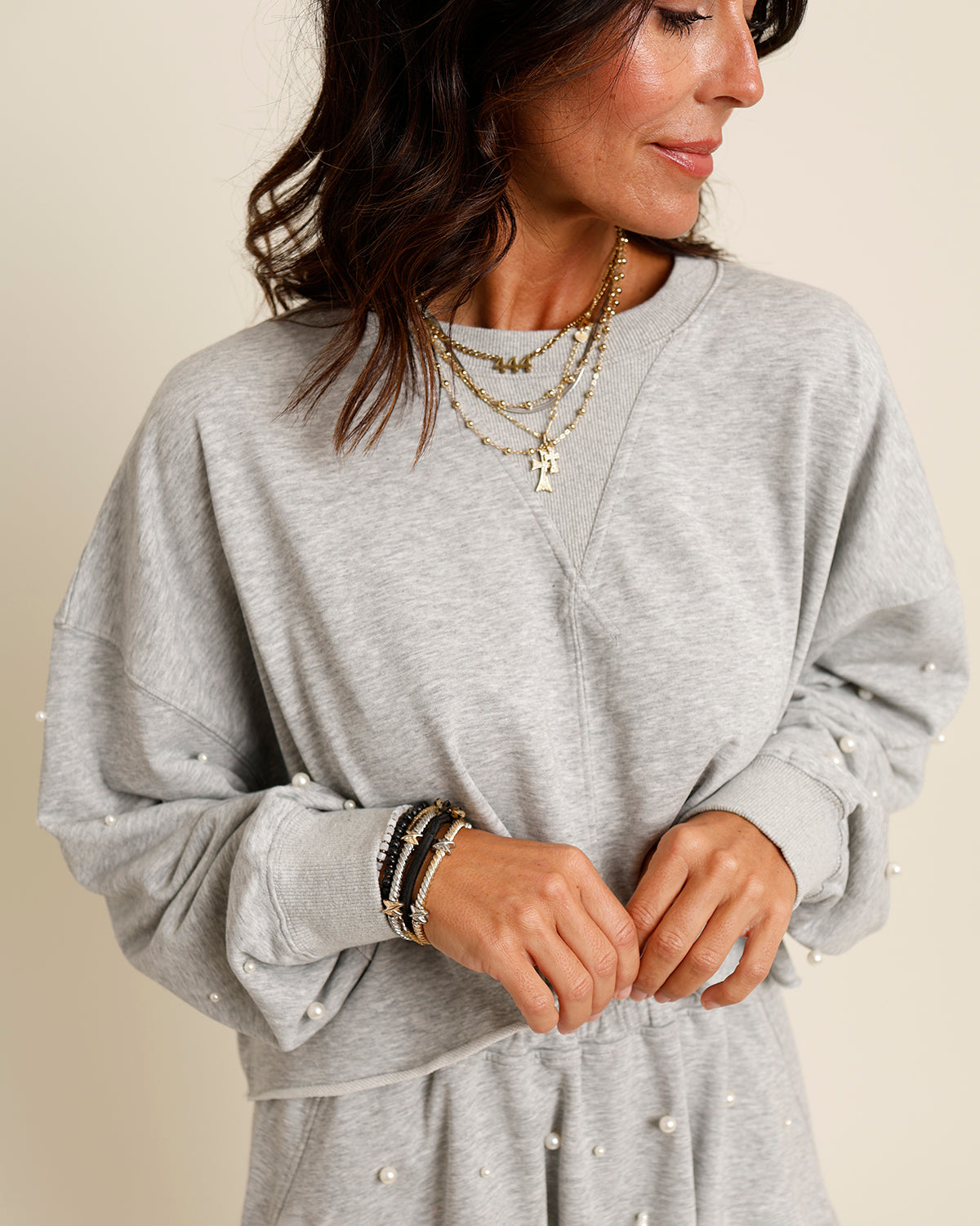 THE WORLD IS YOUR OYSTER PEARL EMBELLISHED RAW HEM TOP