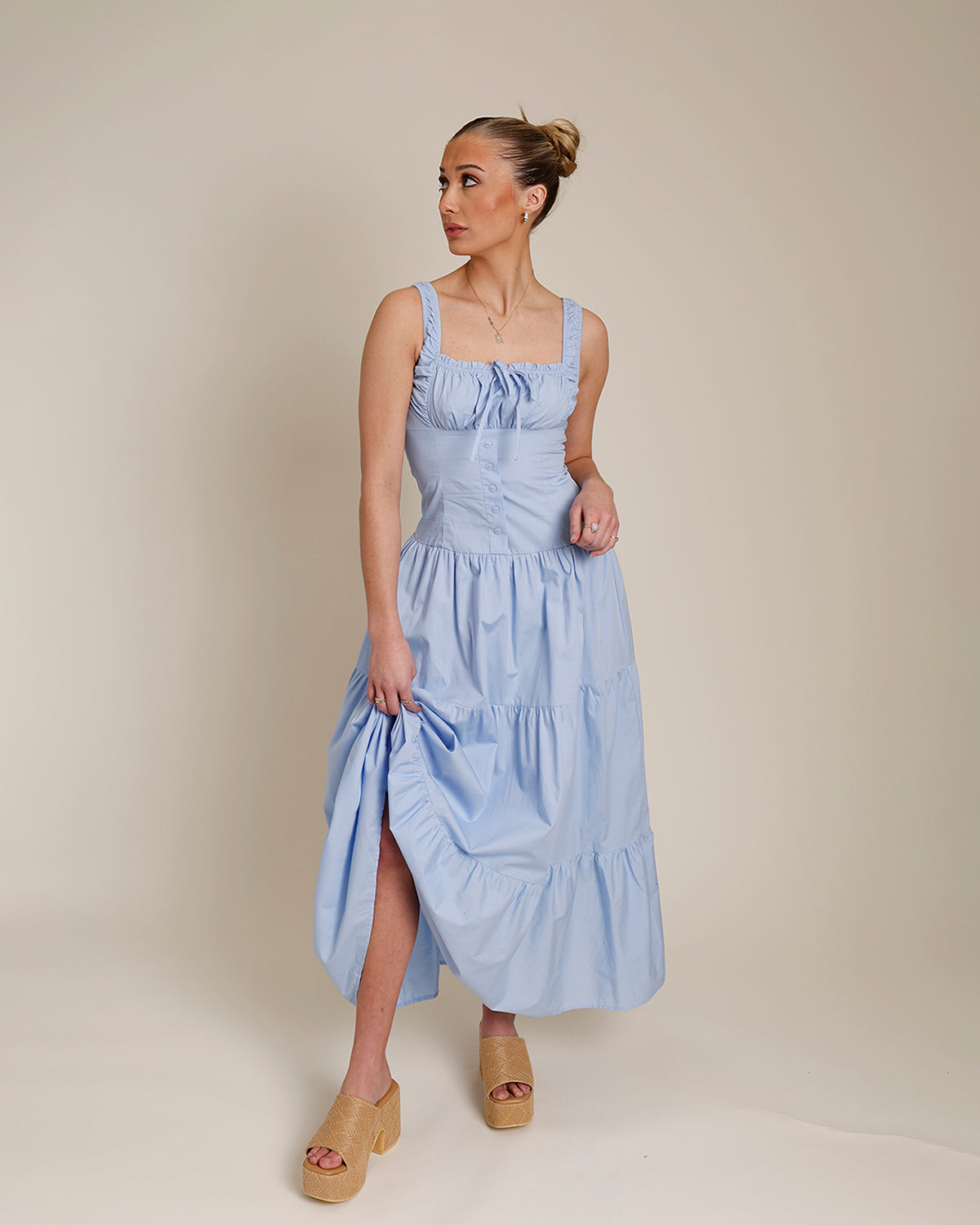 BIRDS CHIRPING MILKMAID TIERED MIDI DRESS