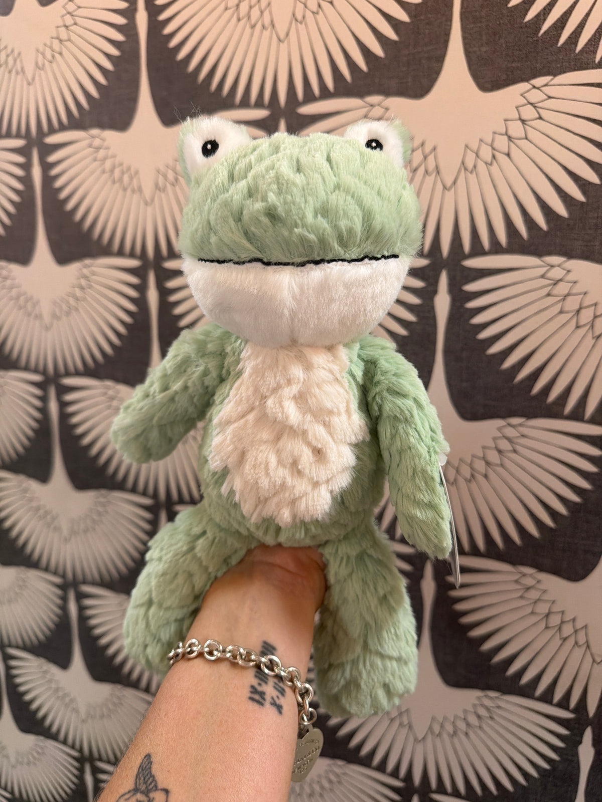 Mary Meyer green plush frog stuffed animal with white belly, soft textured fur