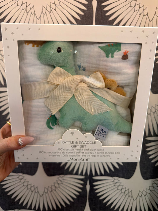 JURASSIQUE SWADDLE AND RATTLE GIFT SET