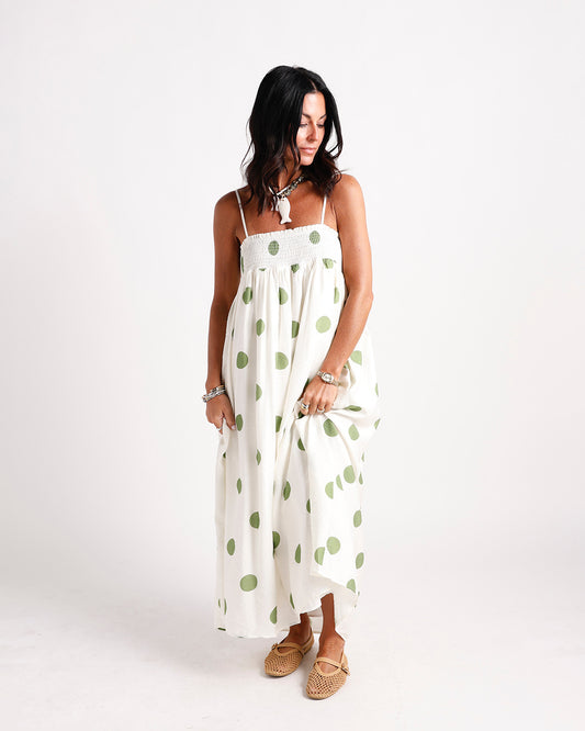 Green and white polka dot maxi dress
