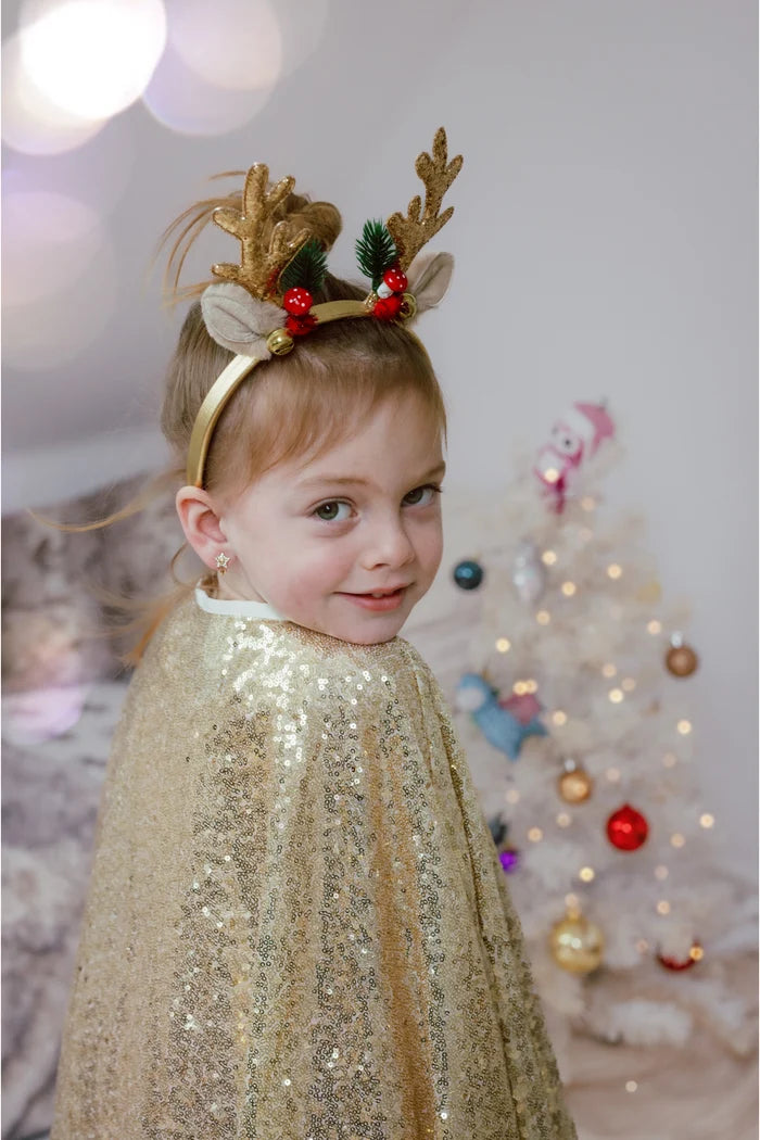 Gold glitter reindeer antler headband with red berries and green holly