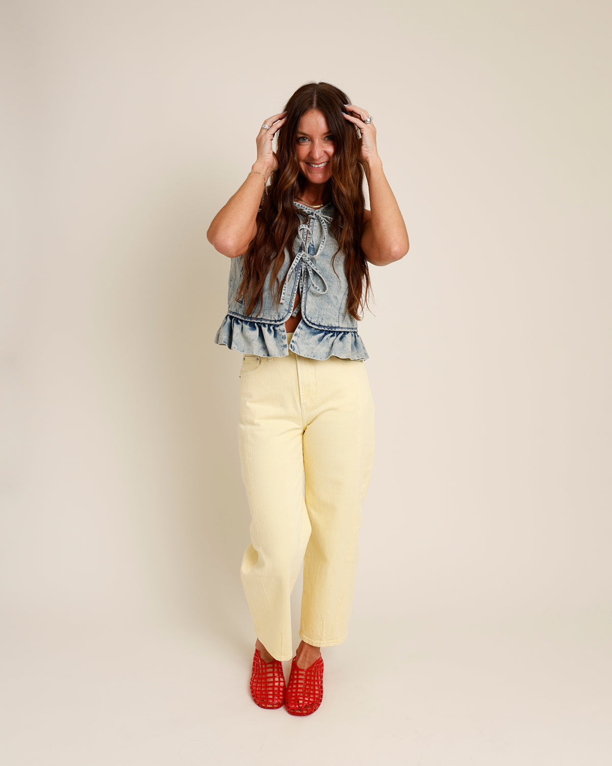 BLUE RIDGE DENIM TIE-FRONT RUFFLE HEM TANK