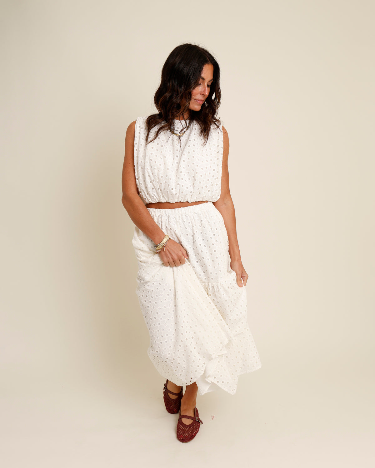 ASTR THE LABEL NALLEY EYELET MIDI SKIRT
