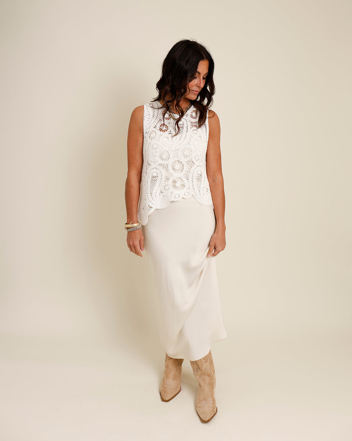 ASTR THE LABEL MARTINA CROCHET-LAYERED SATIN MIDI DRESS
