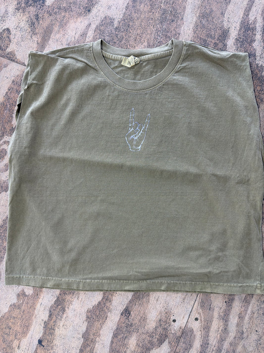 Olive green muscle tee with silver Herd hand graphic on chest
