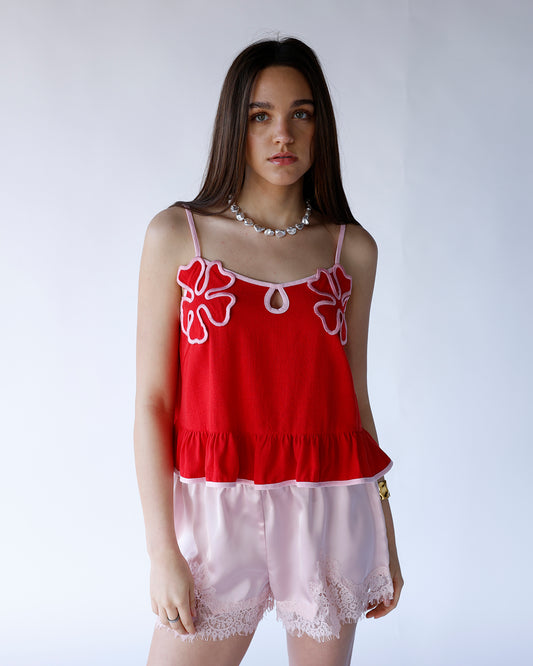 red floral tank top with pink contrast piping women's red floral tank top