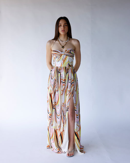 colorful abstract strapless sweetheart neckline corset bodice maxi dress
