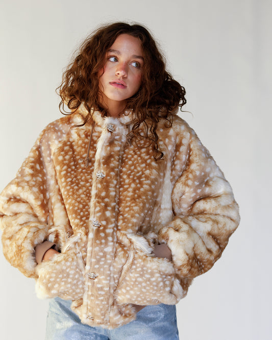 faux fur coat coat for winter cozy warm faux fur fawn print boys lie