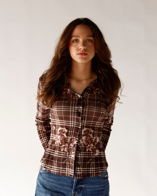 fall blouse chocolate button up plaid shirt thanksgiving outfit ideas