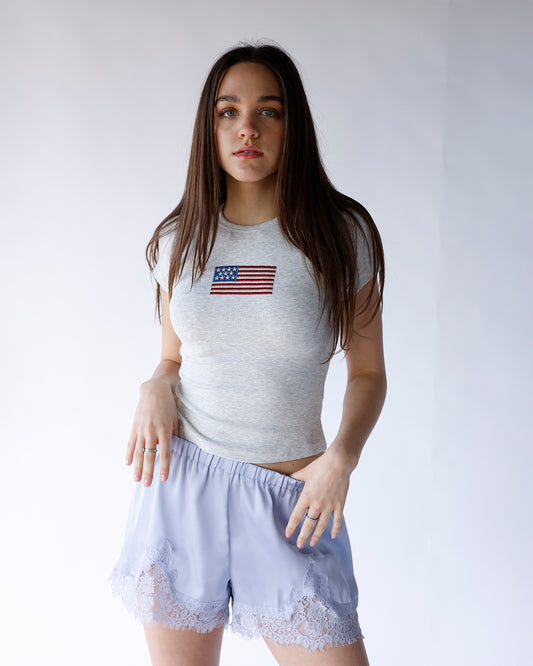 lace trim shorts light baby blue elastic waist pull on lace hem detail shorts women