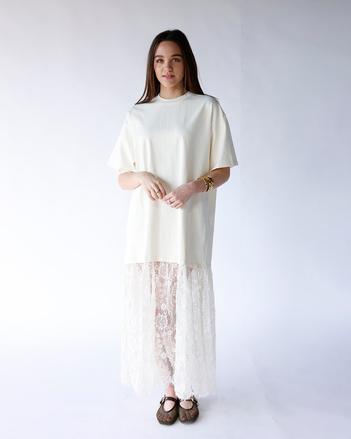 ivory tshirt style maxi dress sheer lace bottom sheer lace bottom t-shirt maxi dress ivory sheer bottom maxi dress