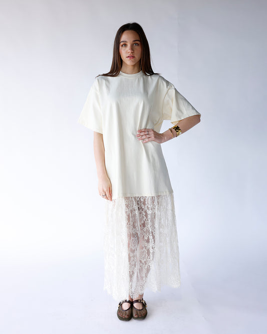 ivory tshirt style maxi dress sheer lace bottom sheer lace bottom t-shirt maxi dress ivory sheer bottom maxi dress