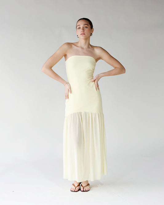 strapless butter yellow maxi dress strapless sheer bottom yellow maxi dress
