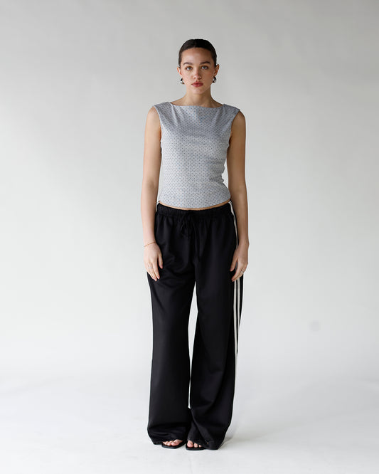 sleeveless polka dot printed boat neck top grey polka dot print sleeveless top