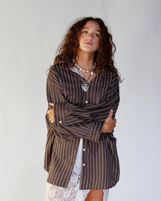 button up business casual oversized button up chocolate pinstripe