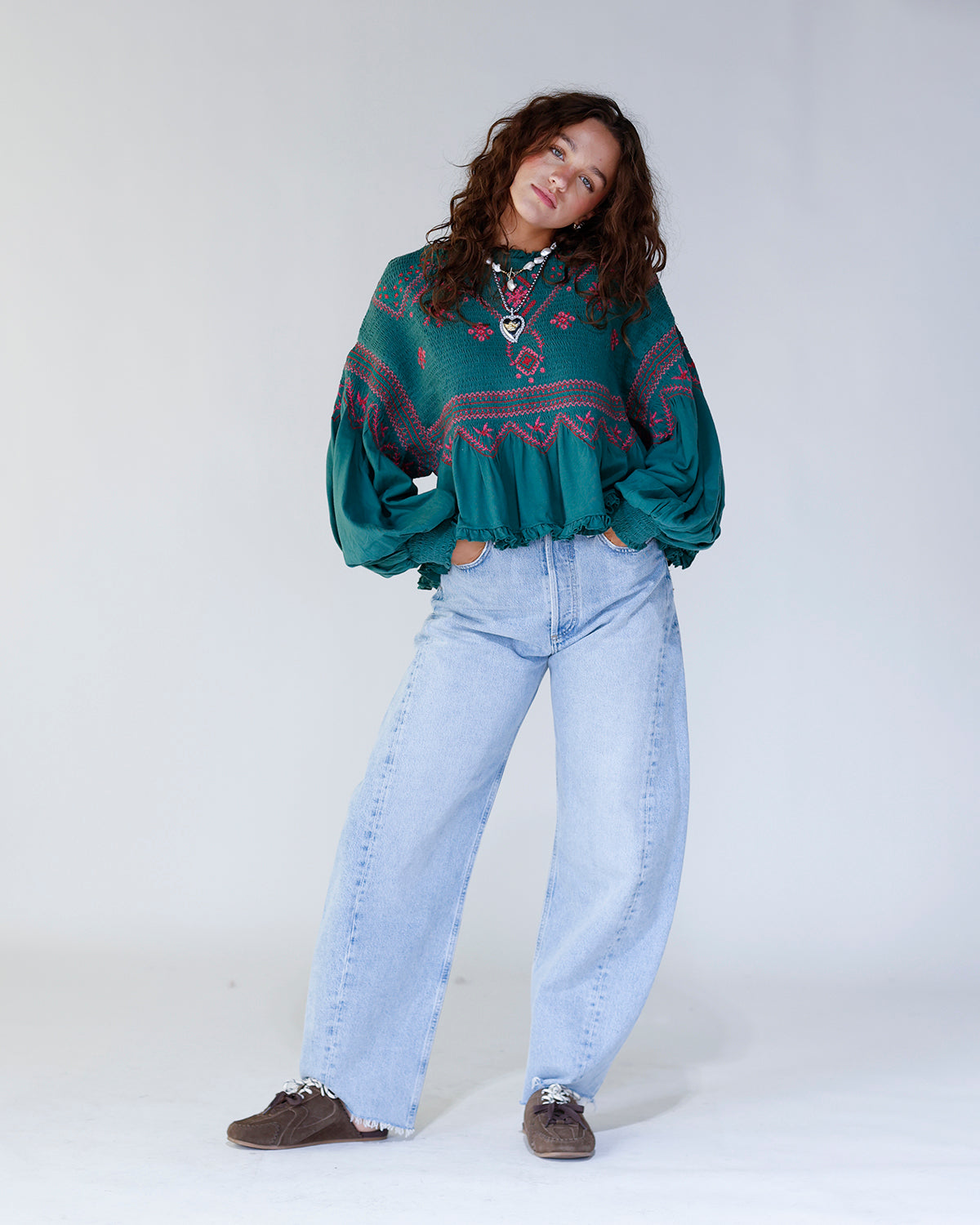 FREE PEOPLE HOLLY LONG SLEEVE KNIT TOP X GREEN COMBO