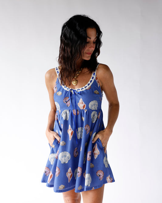 seashell print mini dress blue seashell print mini dress with pockets