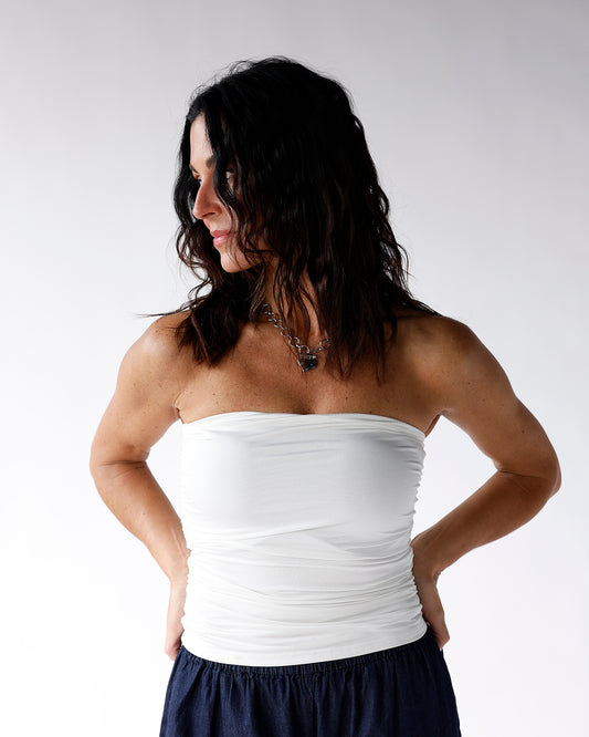 white strapless ruched top strapless white top women