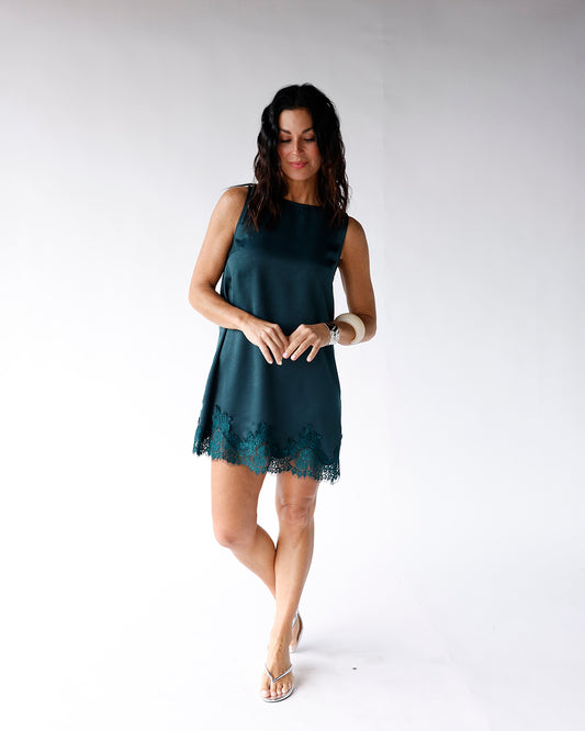 sleeveless mini dress with lace hem emerald teal color mini dress