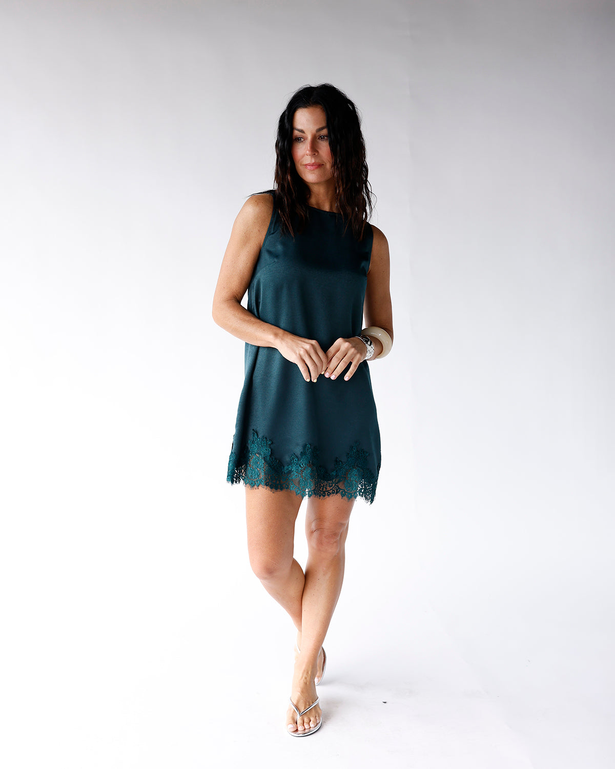 EVERGREEN LACE TRIM MINI DRESS