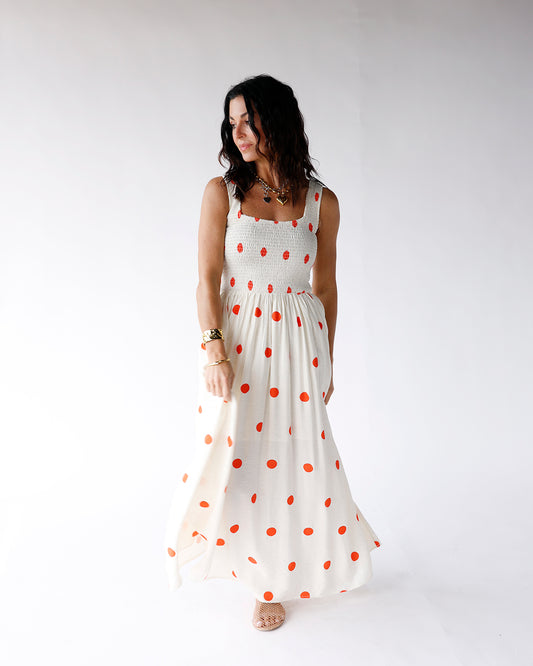 oatmeal and red all-over polka dot print smocked upper sleeveless maxi dress smocked maxi dress