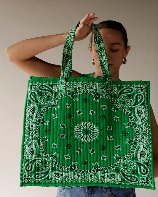 Quilted kelly green bandana paisley print tote bag with matching handles