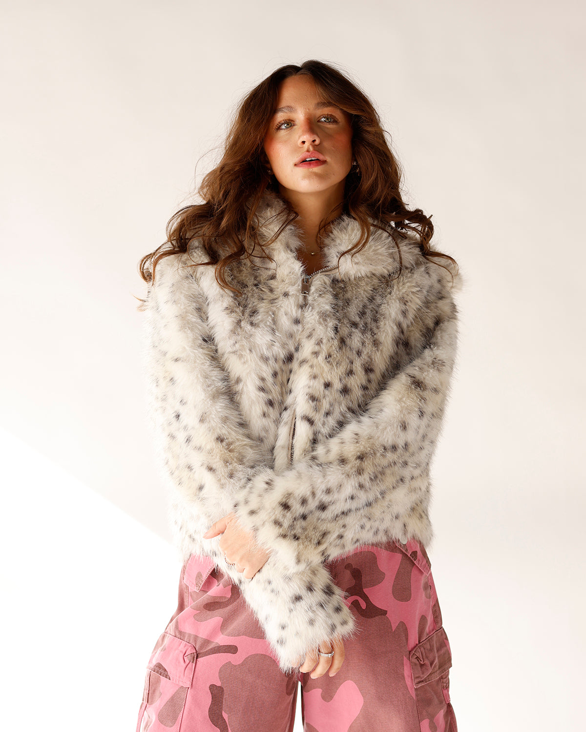 FREE PEOPLE LOUDER PLEASE HOODED FAUX FUR JACKET X SNOW LEOPARD