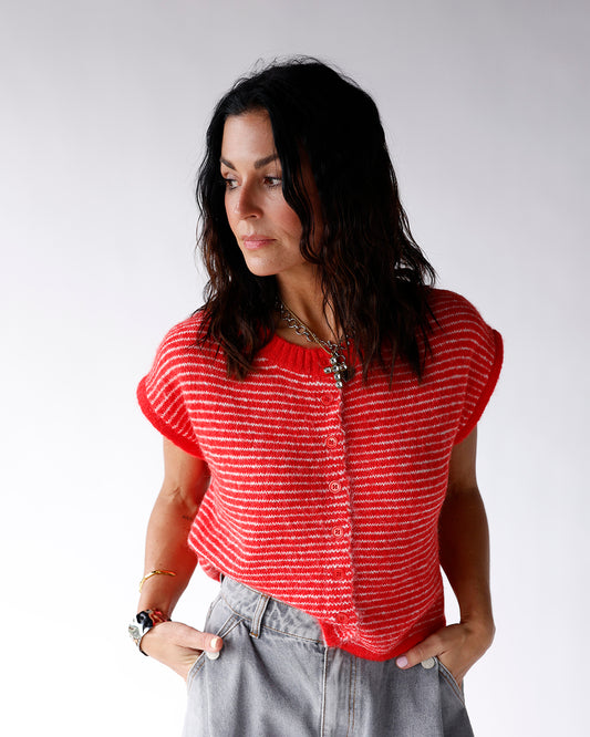 red and white pin striped sleeveless cardigan sweater