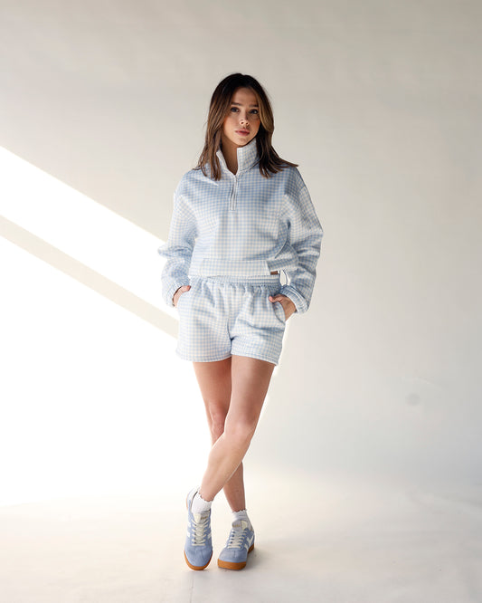 blue and white gingham shorts