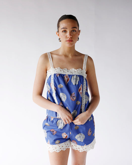 blue seashell print tank top with crochet lace straps and detailing