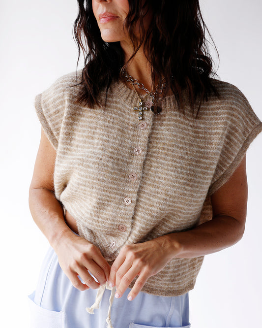 light brown and white pin stripe sleeveless button front cardigan sweater