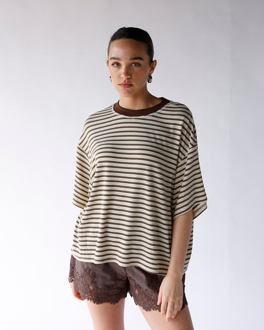 brown and yellow striped short sleeve tee